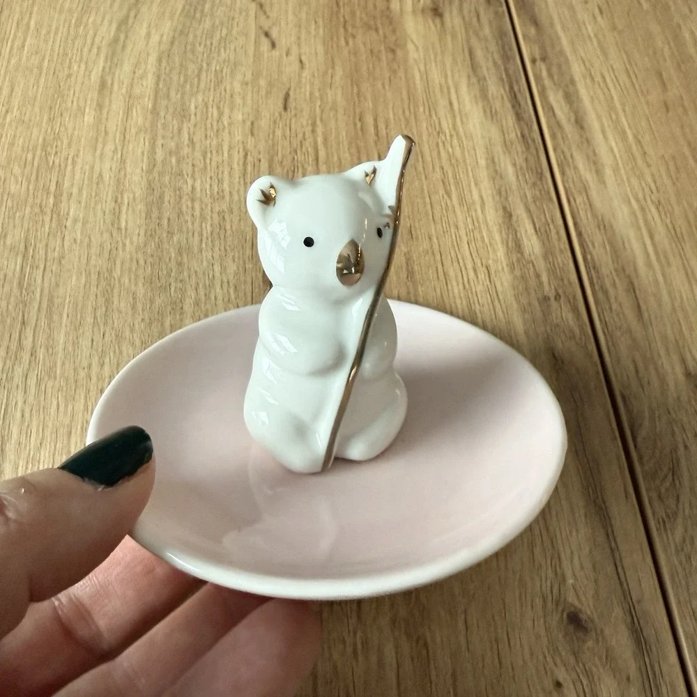 Trinket Dish Pink White Bear Gold Porcelain Gold Cute Girls Room